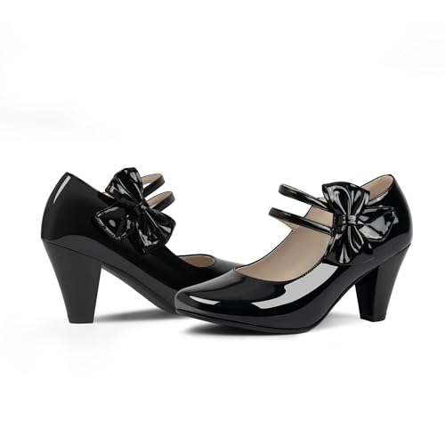 Women's Bowknot Patent Leather Sweet Closed Toe Chunky High Heel Mary Janes Pumps Almond Toe Hook Loop Ankle Strap Vintage Shoes 6