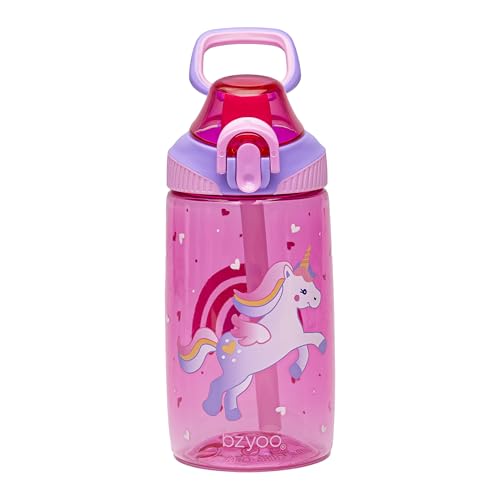 bzyoo Tritan HappyHydrate Gourde pour enfant 16 oz – Bouteille rose avec motif licorne, bouchon de paille et couvercle, fermeture sécurisée, bouteille pour enfants idéale pour les déplacements