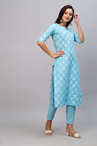 Image of GoSriKi Women's Cotton Blend Printed Straight Kurta With Pant