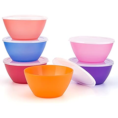 28-ounce Plastic Bowls with Lids, Unbreakable and Reusable Cereal Bowls Soup Bowls Salad Bowls, Set of 6 Multicolor Cover