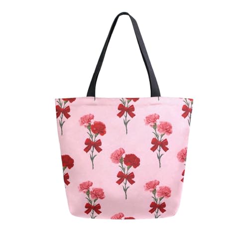 Extra Large Shoulder Tote Bag for Beach Travel Weekender Gym Carnation Pattern Red Pink Flower Reusable Grocery Canvas Shopping Bag