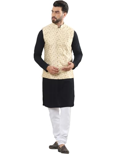 Image of SOJANYA (Since 1958 Men's Cotton Linen Maroon Kurta and White Pyjama with Mustard Cotton Nehru Jacket