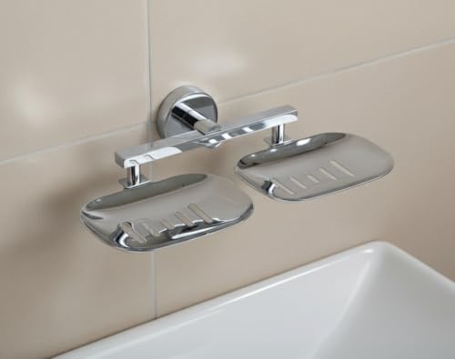 Image of EASYHOME FURNISH Premium Stainless Steel Double Soap Dish for Bathroom & Kitchen | Wall-Mounted Dual Soap Holder with Drainage Slots | Rust-Proof Chrome Finish Soap Stand (Round-37 08)