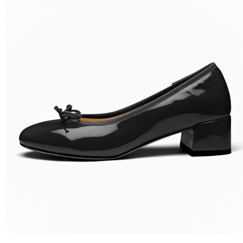 Mary Jane Shoes Women Leather Round Toe Chunky Mid Heel Pumps Ballet Shoes with Bow Tie Closed Toe Comfort Work Casual Ballerina Shoes4