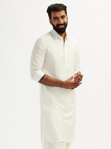 Image of VASTRAMAY Men Solid Cotton Pathani Kurta with Shirt Collar and Full Sleeves White | Festive Ethnic Outfit