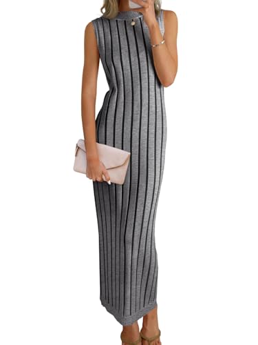 Wenrine Womens Sleeveless Sweater Dress Mock Neck Ribbed Knit Fall Tank Maxi Dresses Grey
