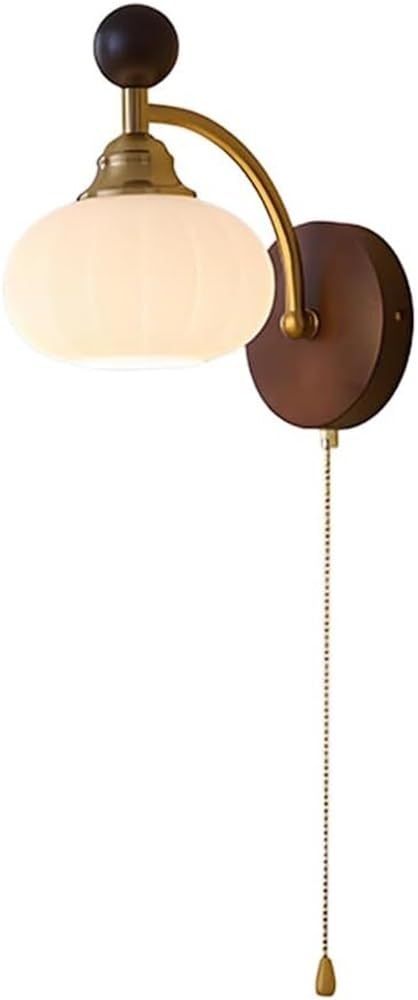 SXECAEPS Pull Switch Wall Sconce E27 Hardwired Solid Wood Mount Lamp Bathroom Vanity Light Fixture Glass Lighting for Living Room Bedroom Mirror Hallway Stairway(B)