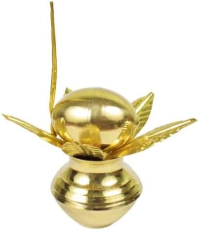 iKonbi Brass Mangal Kalash, Nariyal & Mango Leaf/Aam Patta Set for Pooja (Approx. Height 4.5 Inches)