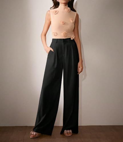 Women's Rosette Embellished Smock Neck Blouse High Neck Sleeveless Cute Tank Tops2