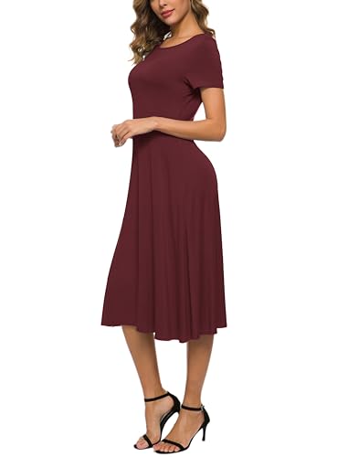 Image of EXCHIC Women's Casual Round Neck Short Sleeve Midi Dress Solid Stretchy Waist Knee Long Dress