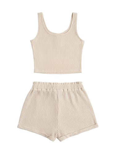 Image of RoseSeek Girl's 2 Piece Outfits Waffle Knit Scoop Neck Button Down Crop Tank Tops Paperbag Waist Track Shorts