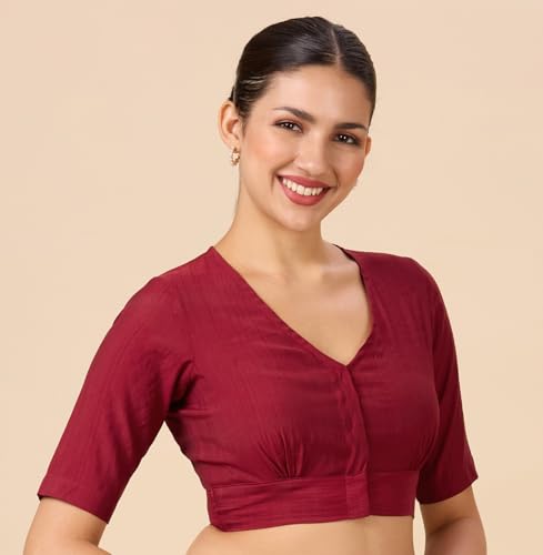 Image of Studio Shringaar Women Viscose Half Sleeve Smart V Neck Readymade Saree Blouse