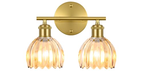 Image of Bathroom Light Fixtures, 2-Light Brushed Gold Vanity Lights for Bathroom with Amber Tulip Glass Shade, 12 inch Vintage Bathroom Vanity Lighting Fixtures Over Mirror for Bedroom Living Room Hallway