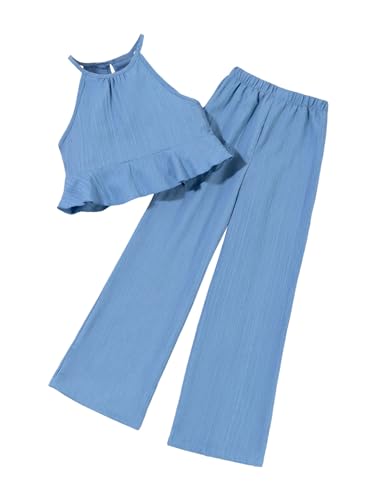 Image of SweatyRocks Girl's 2 Piece Outfits Ruffle Halter Sleeveless Top and Elastic High Waisted Pants Set