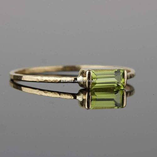 August Birthstone Rings-Green Gemstone Rings-Baguette Shape Peridot Rings-925 Sterling Silver Rings For Womens-Stacking Yellow Gold Plating Rings, Size 9.75 #TOP1