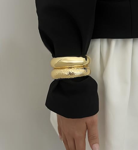 Image of Chunky Gold Bangle Bracelets for Women, Dainty 14k Gold Plated Big Stackable Bangles Set, Trendy Statement Cuff Bracelet Stack Fashion Jewelry Gifts