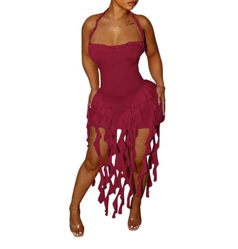 Image of Aro Lora Womens Sexy Halter Neck Sleeveless Ruffle Tassel Party Club Bodycon Mini Dress
