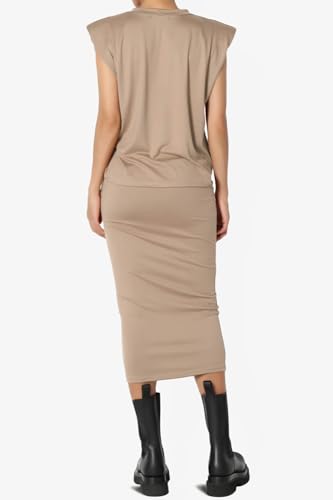 TheMogan Women's Sleeveless Bodycon Midi Skirt and Top Set – Shoulder Pad Tank Shirt & Pencil Skirt Co-Ord Set Mocha M2