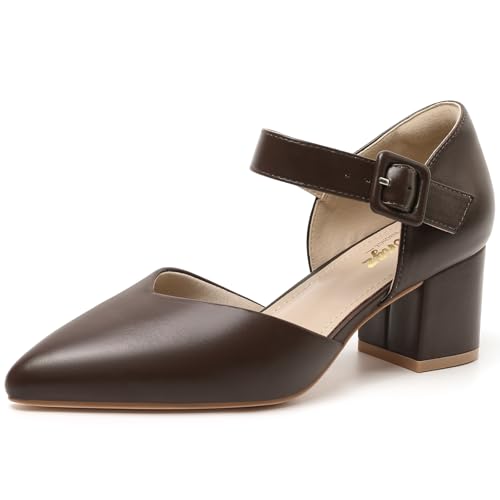 Image of RIBONGZ Comfortable Kitten Heels for Women Pointed Closed Toe Ankle Strap Buckle Heels Slip on Low Heel Church Pumps Wedding Bridal Party Dressy Shoes