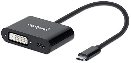 Manhattan USB-C to DVI Converter with Power Delivery Port, Supports up to 1920x1200@60Hz Resolution, Power Delivery (PD) up to 60 W (20 V / 3 A), Black