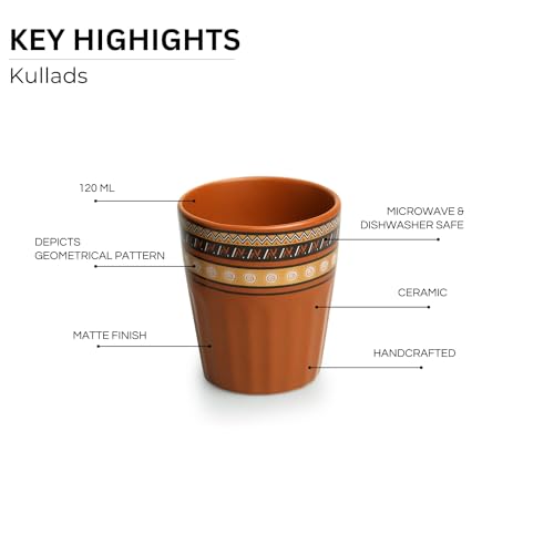 Image of ExclusiveLane 'Terra Tones' Ceramic Kullad Cups Set of 6 (120 ml, Earthern Brown, Microwave Safe, Handcrafted) | Kulhad Cups Kulhad Tea Cups Set of 6 Chai Kullad for Tea Cup Chai Cup