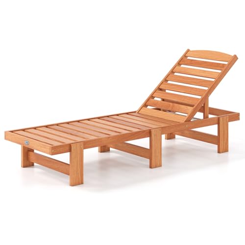 COSTWAY Solid Wood Chaise Lounge Outdoor Lounge Chair with 5-Position Adjustable Backrest Wooden Patio Lounger for Sunbathing Yard Teak Oil Finished (1)