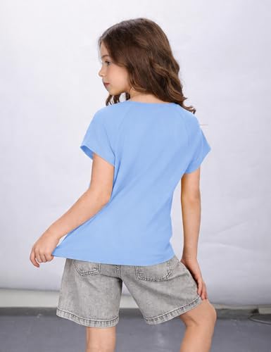 Leversic T-shirt dziewczęcy na lato, krótki rękaw, jednokolorowy, okrągły dekolt, dla dziewczynek, 6-15 lat, 001-niebieski, 120