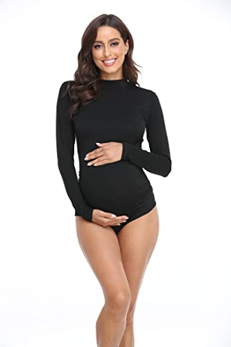 Womens Maternity Bodysuit For Photoshoot Long Sleeve Tshirt Classic Side Ruched Tee Top Mama Pregnant Clothes Photograph Black #TOP1