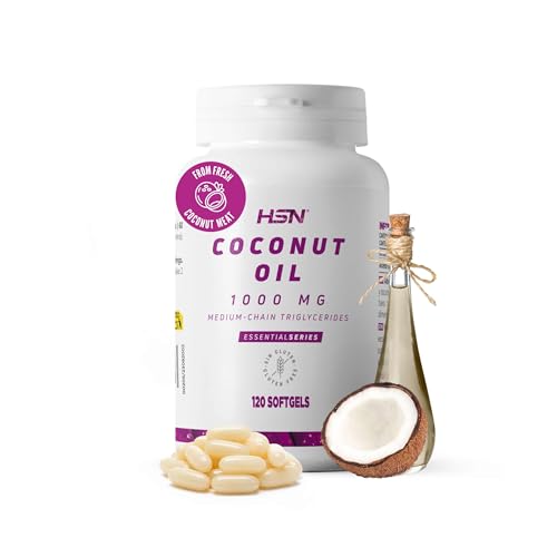 HSN Aceite de Coco 1000mg | 120 Perlas | 100% Natural procedente del fruto de Cocos nucifera | Fuente de MCT (Ácidos Grasos de Cadena Media) | No-GMO, Vegano, Sin Gluten