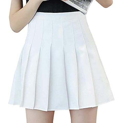 Springcmy Women's High Waist A-Line Pleated Skater Tennis School Mini Skirt with Lining Shorts, White, XXL Cover