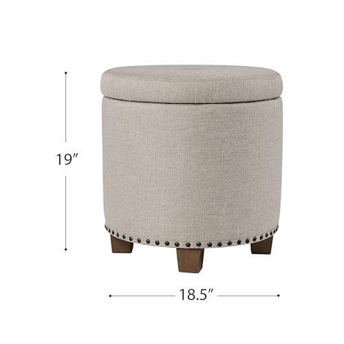 Image of HomePop 18.5 inch Round Storage Ottoman with Nailheads - Light Brown Fabric