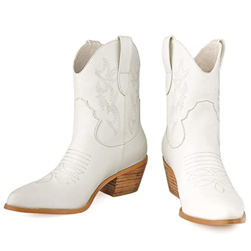 Sifinelar Women Western Cowboy Cowgirl Stitched Ankle Boots Embroidered Round Toe Stacked Heel Pull On Short Booties #TOP7