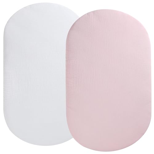 Image of Muslin Bassinet Sheet Compatible with UPPAbaby Bassinet, 2 Pack Cotton Stylish Boho Fitted Bassinet Sheets Super Soft for Baby White & Pink