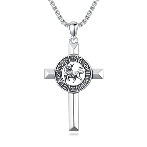 Image of ROMANTICWORK Taurus Cross Zodiac Necklace 12 Constellation Horoscope Astrology Pendant Necklace 925 Sterling Silver Zodiac Sign Jewellery Gifts for Men Women