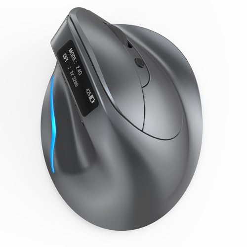 zelotes Vertikale Kabellose Maus mit Display,Bluetooth Maus mit 3200 DPI,Wiederaufladbar,7 Tasten mit USB-Empfänger,BT 5.0/3.0 + 2.4GHz,LED,Ergonomische Funkmaus für Laptop,PC,Tablets,Schwarz