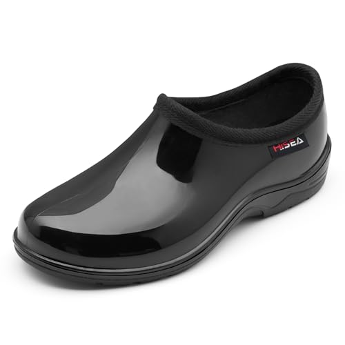 HISEA Waterproof Garden Shoe for Women Outdoor Slip-On Rain Boots Rubber Garden Clogs Short Ankle Booties and Rain Shoes with Comfort Insole, Size 8 Classic Black