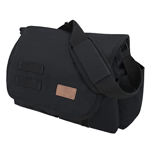 Whiteduck Canvas Messenger Bag-Multi Pocket Cotton Canvas Shoulder Crossbody Sling Vintage Military School Laptop Bag Satchel (17.5"X 12"X 5",Black) #TOP18