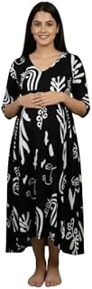 Women’s Cotton Maternity Gown Soft Comfortable Feeding & Pregnancy Dress Printed V-Neck Maternity Wear Pregnancy Gown (Black) Price In India
