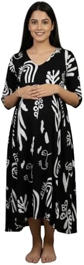 Women’s Cotton Maternity Gown Soft Comfortable Feeding &amp; Pregnancy Dress Printed V-Neck Maternity Wear Pregnancy Gown (Black)