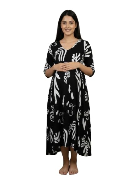 Women’s Cotton Maternity Gown Soft Comfortable Feeding & Pregnancy Dress Printed V-Neck Maternity Wear Pregnancy Gown (Black)
