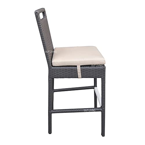 Image of OUTLIVING Rattan Wicker Outdoor Bar Patio Table with 4 Chairs Set for Home Graden Balcony 4 Seater Bar Patio Furniture - (Brown & Cream Cushion)