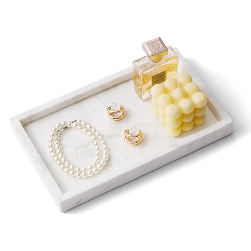 WORHE Italy Marble Vanity Tray for Jewelry, Perfume, Makeup, Candle,Towel Natural Modern Decorative Trays for Bathroom Bedroom Dresser Rectangle Kitchen Storage Organizer for Home Decor White (FX031)