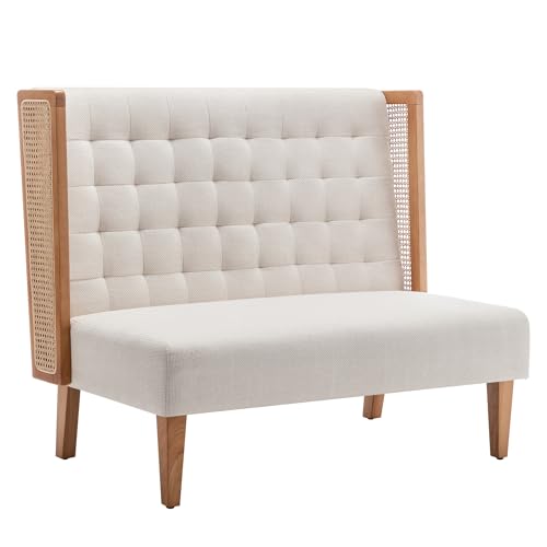 Andeworld Loveseat Settee Bench with Rattan Arms Upholstered Modern Mini High-Back Sofa Couch Banquette Dining Bench for Living Dining Room Bedroom Office Small Space EntrywayBeige