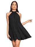 Material: Polyester Features: Tie back halter neck, sleeveless, pleated loose fit mini dress, cute and elegant Great to pair with your favorite high heels, boots, sandals, pumps, casual shoes for an elegant look Suitable for date, evening party, gath...