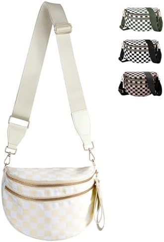 Checkered Crossbody Bag for Women, Large Nylon Checkered Bum Bags Cross Body Checkerboard Purse with Adjustable Strap(Beige&White Plaid)