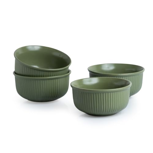 Image of ExclusiveLane 'Sage Ribbed' Hand Glazed Ceramic Bowls for Serving Bowl Set (Set of 4, 480 ml, Microwave Safe, Dishwasher Safe, Green) | Kitchen Bowl Ceramic Serving Bowls for Snacks Serveware