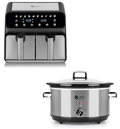 Dihl Kitchen Appliance Set, Family Pack, Includes 1700W 8 Litre Dual Air Fryer and 300W 6.5 Litre Electric Slow Cooker with 3 Temperature Settings