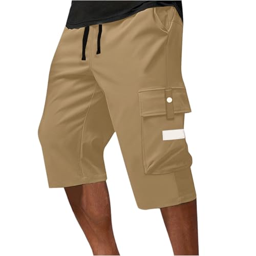 Cargo Shorts for Men Outdoor Hiking Below Knee Bermuda Shorts Flexible Elastic Waist Baggy Capris with Multi Pockets Waterproof Lightweight Short Nylon Carpenter Hiking Short Resort Wear Khaki