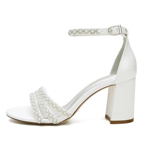 Image of White Women's Block Heel Sandal, Open Toe, Ankle Strap, Pearl Wedding Shoes for Bride, Bridesmaids, Mother of the Bride, Prom, Evening, Cocktail, Ball Gown