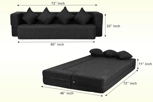 Image of Rosebell Flipper 3 - Seater | 70 X 46 X 9 | Foldable C-Type Sofa Cum Bed with Jute Washable Fabric Four Cushions - Black Color